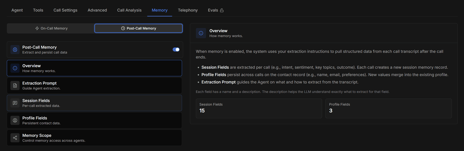 Post-Call Memory overview explaining session fields, profile fields, and the extraction prompt