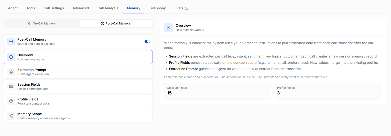 Post-Call Memory overview explaining session fields, profile fields, and the extraction prompt
