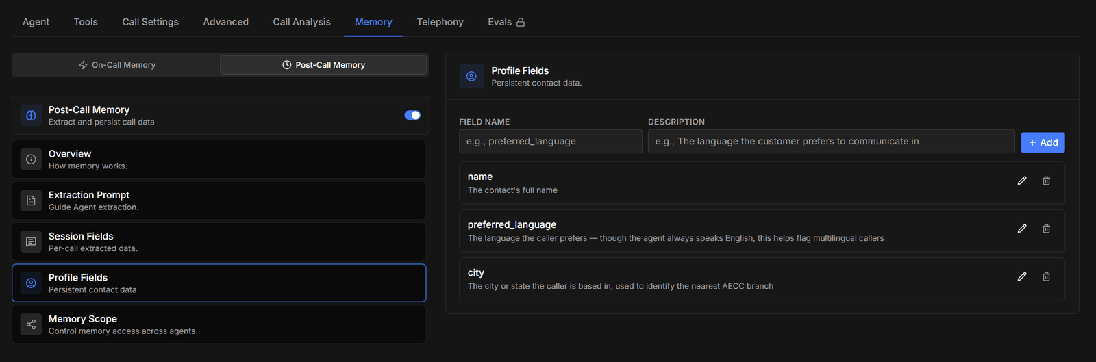 Profile fields listing persistent contact data such as name, preferred language, and city
