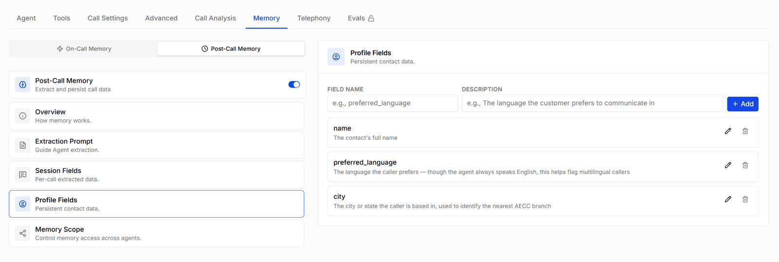 Profile fields listing persistent contact data such as name, preferred language, and city