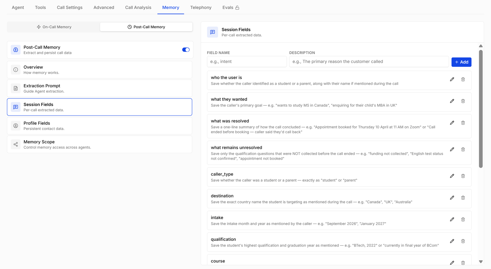 Session fields listing per-call extracted data such as who the user is and what was resolved