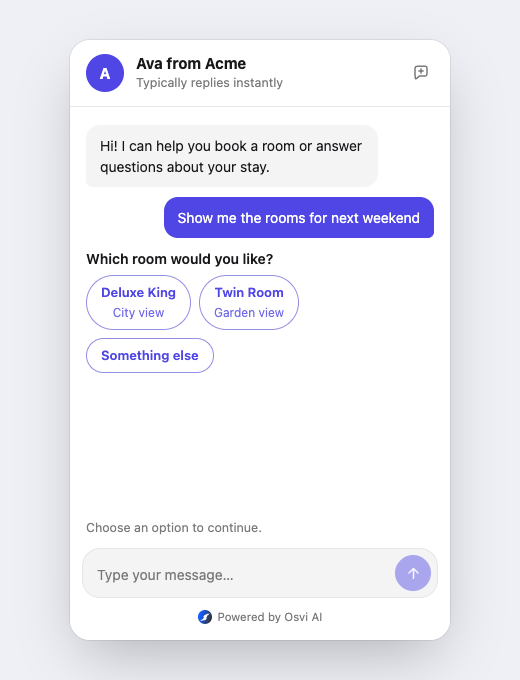Chat widget showing button actions as compact chips beneath an assistant message