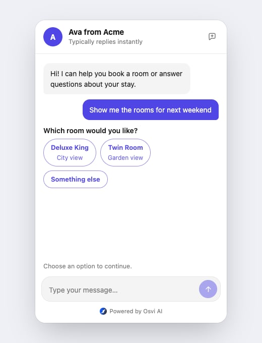 Chat widget showing button actions as compact chips beneath an assistant message
