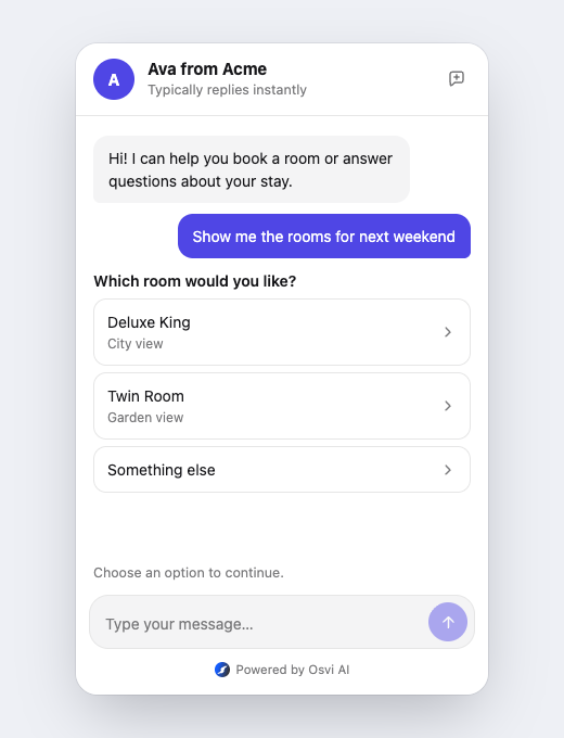 Chat widget showing button actions in a vertical list beneath an assistant message