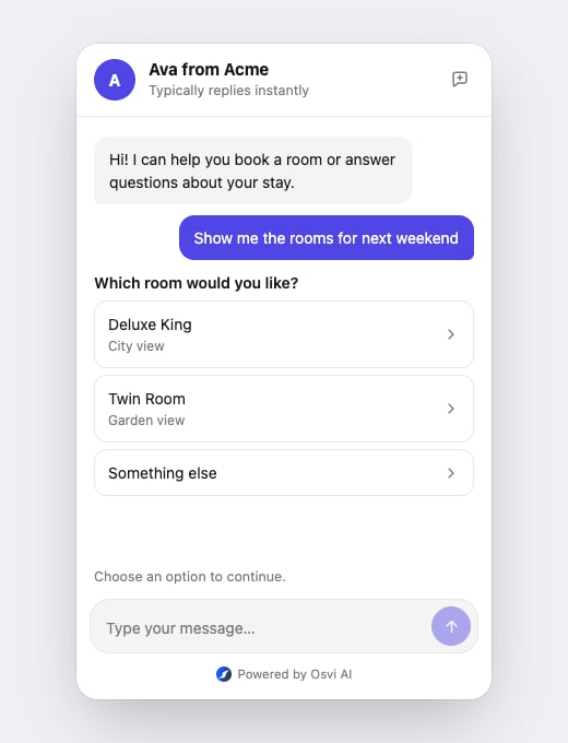 Chat widget showing button actions in a vertical list beneath an assistant message