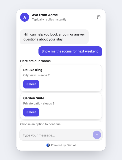 Chat widget showing carousel cards in a vertically stacked list