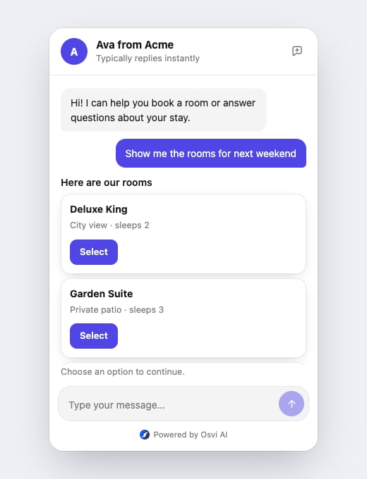 Chat widget showing carousel cards in a vertically stacked list