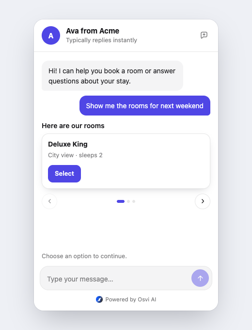 Chat widget showing carousel cards in a horizontally browsable slider