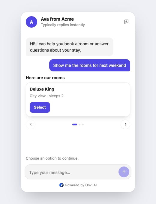 Chat widget showing carousel cards in a horizontally browsable slider