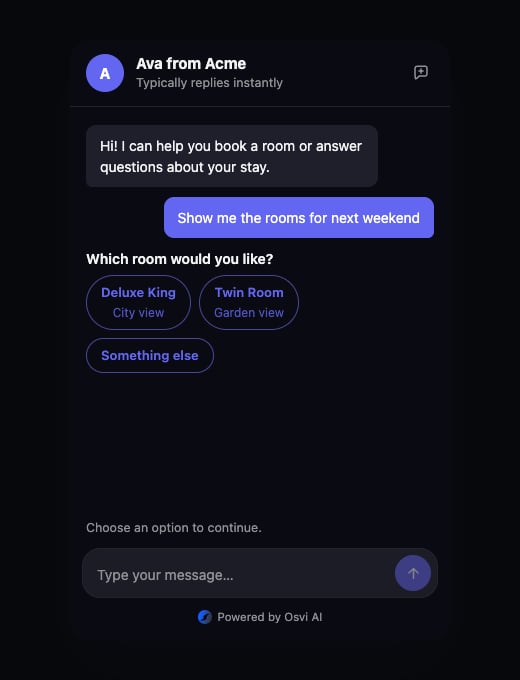 Chat widget in dark mode showing a message and interactive buttons