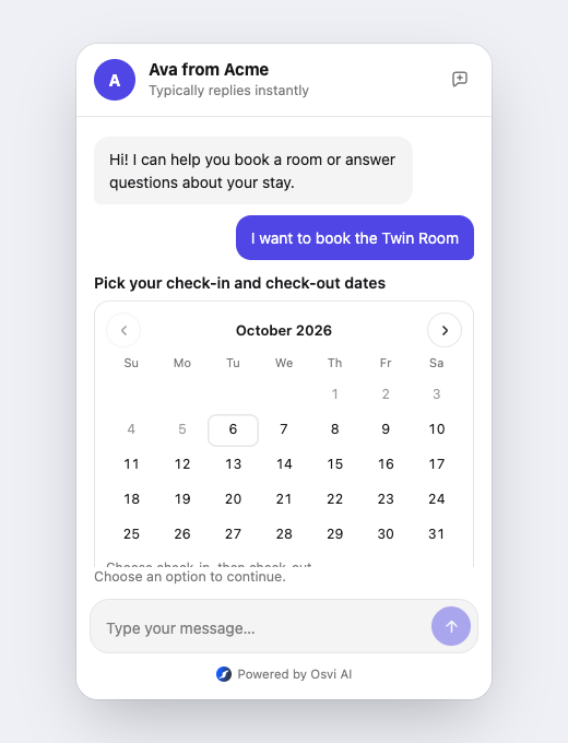 Chat widget showing a date picker with date selection controls
