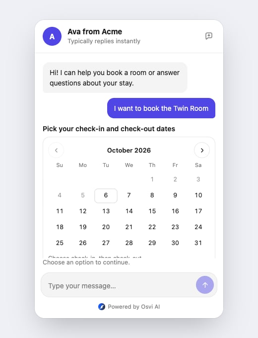 Chat widget showing a date picker with date selection controls