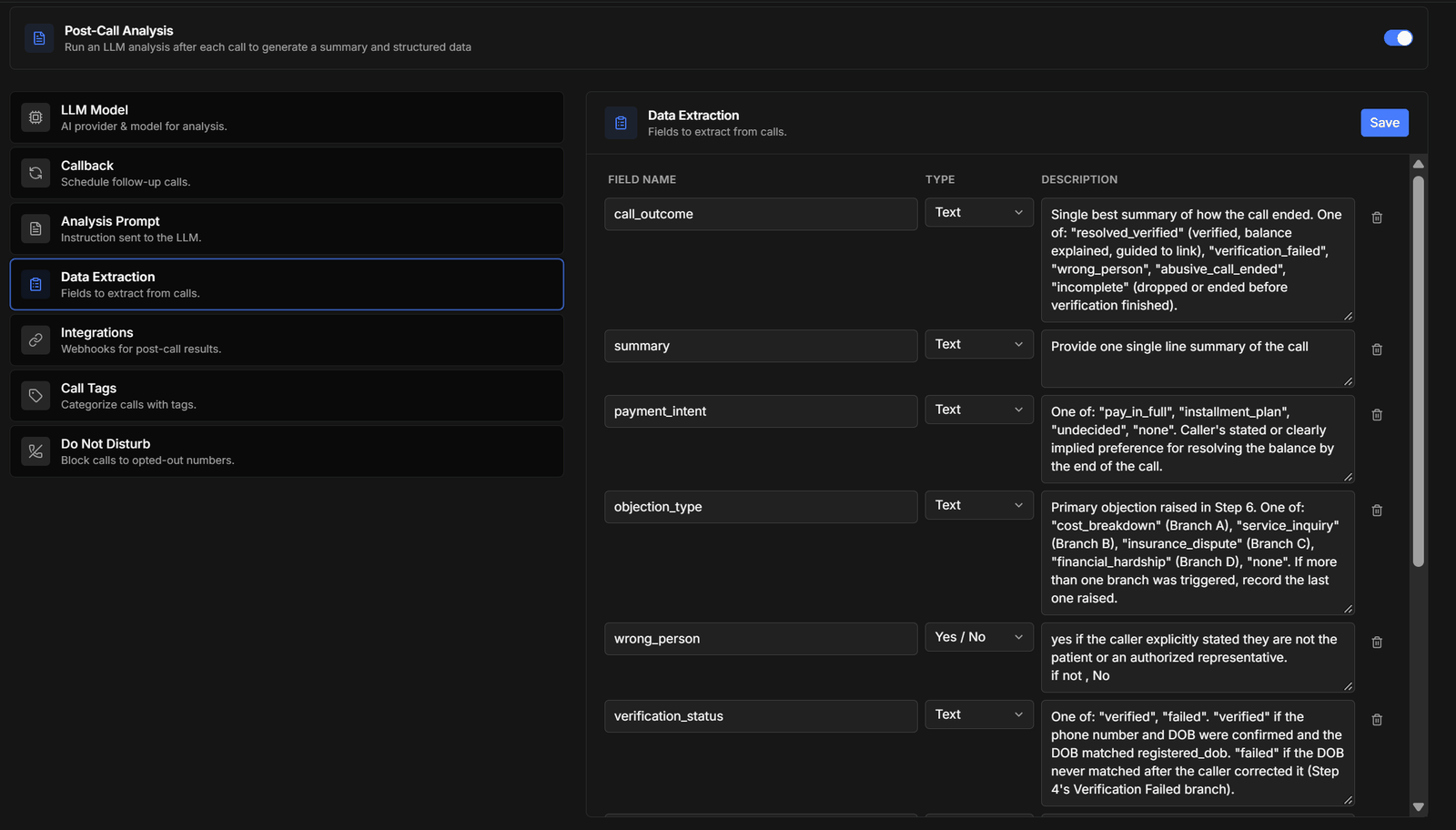 Data Extraction with field names, types, and descriptions
