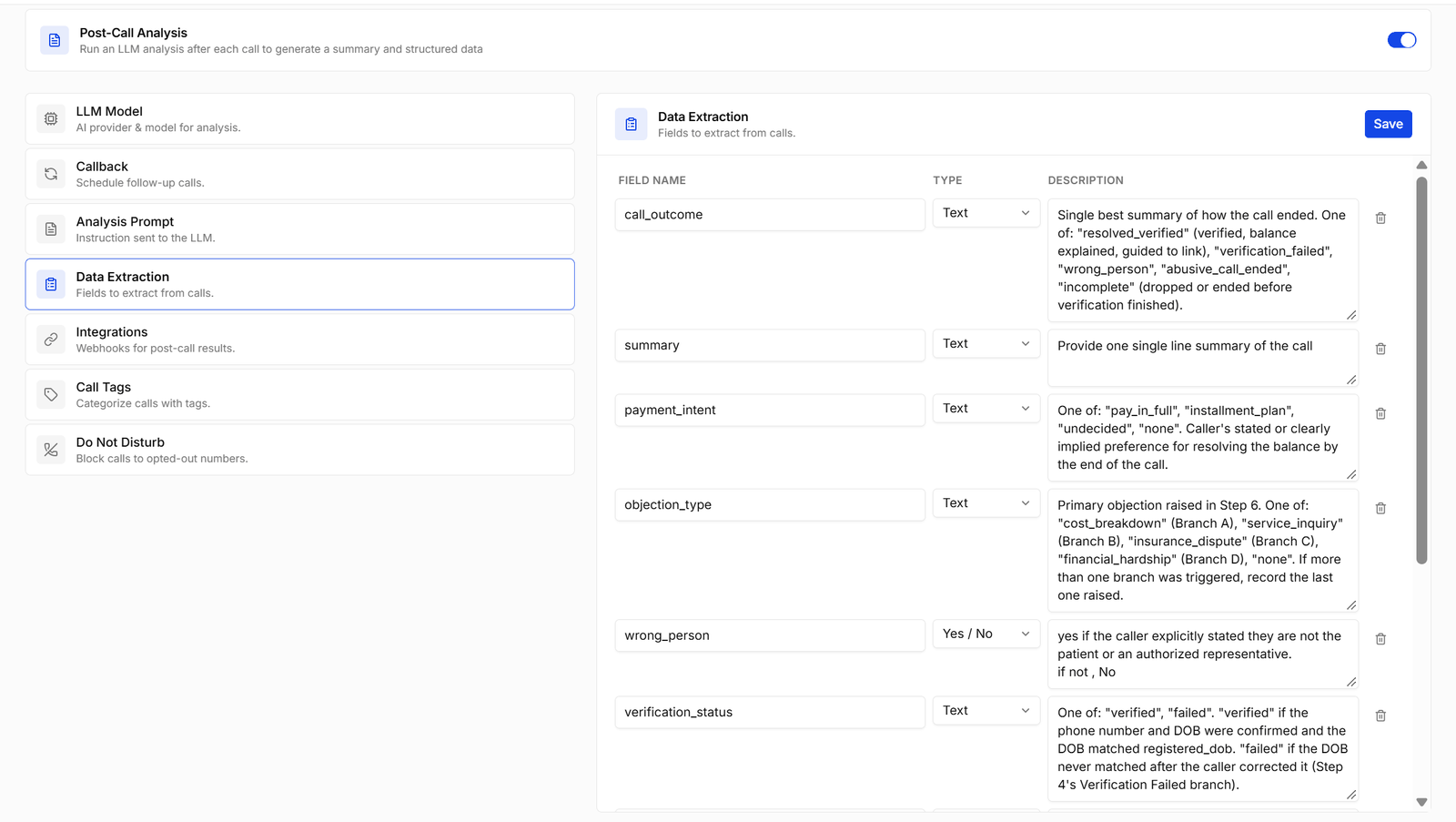 Data Extraction with field names, types, and descriptions