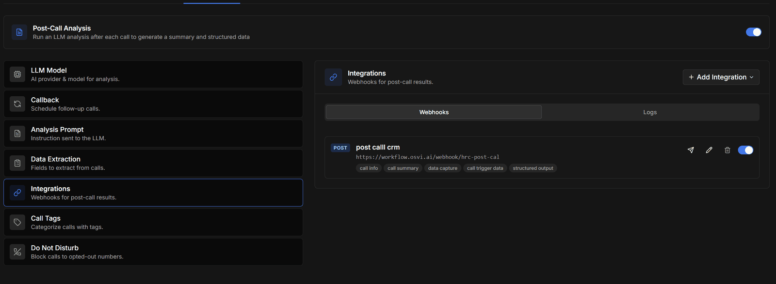 Integrations with a webhook, its data sections, and the Webhooks and Logs tabs