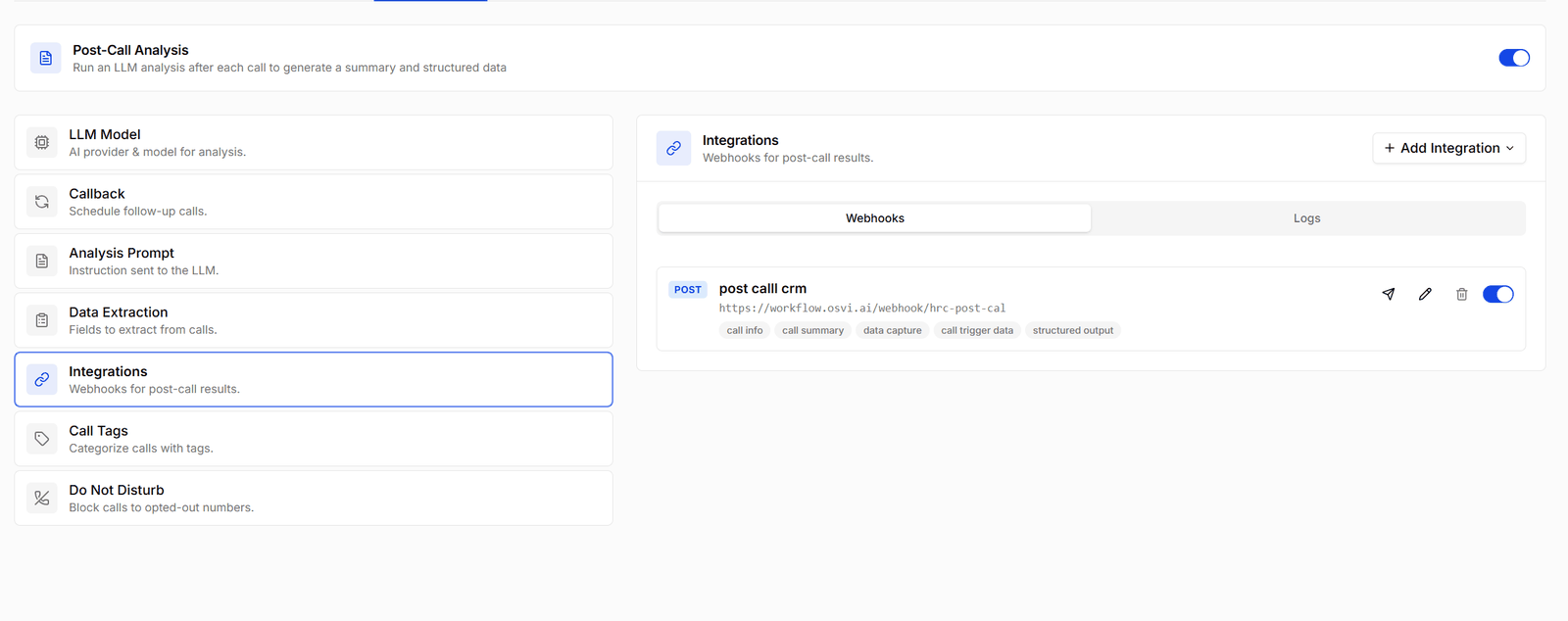 Integrations with a webhook, its data sections, and the Webhooks and Logs tabs