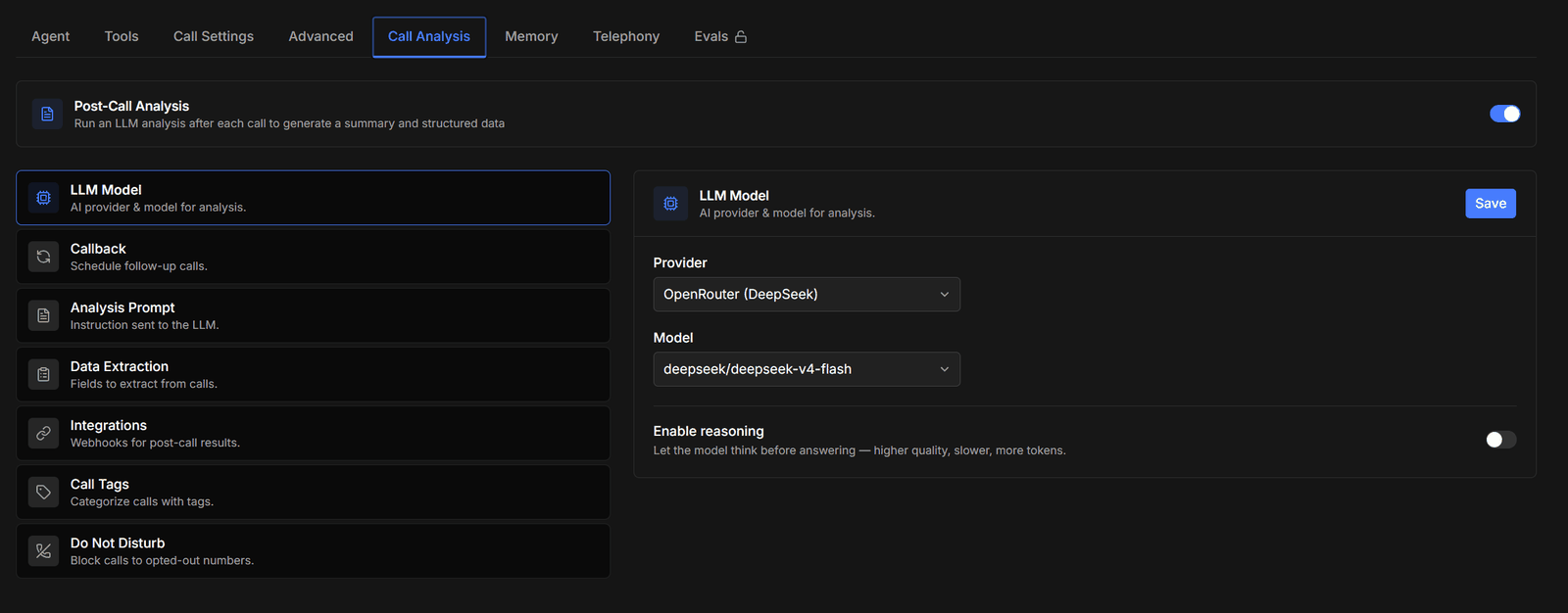 The Call Analysis tab with the LLM Model section selected