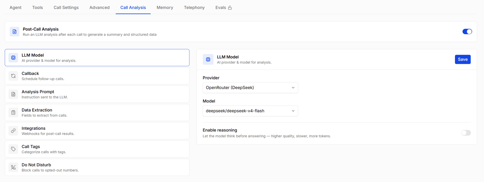 The Call Analysis tab with the LLM Model section selected