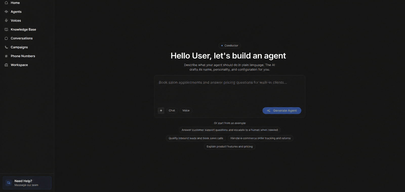 Conductor start screen with a description box, Chat and Voice options, and example prompts