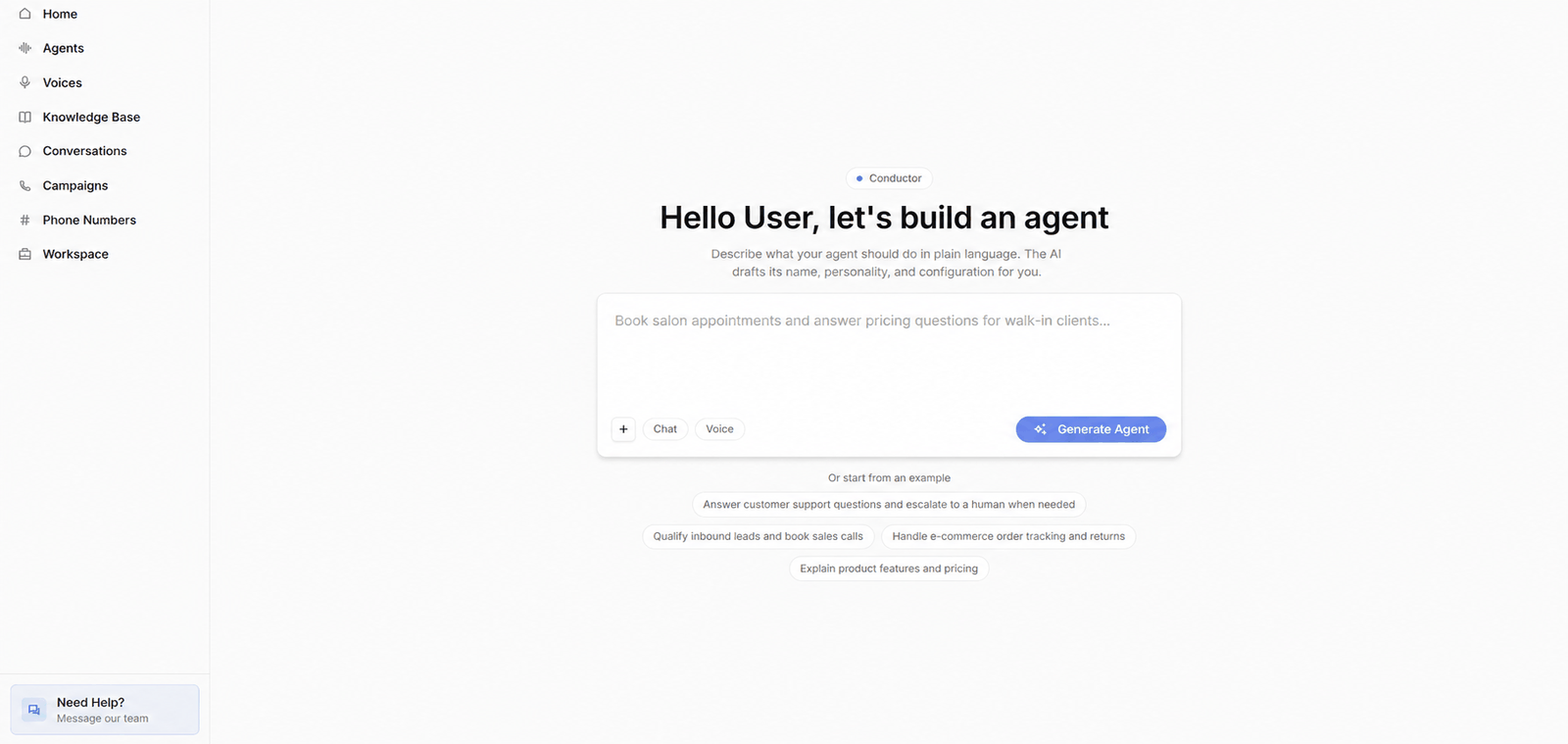 Conductor start screen with a description box, Chat and Voice options, and example prompts
