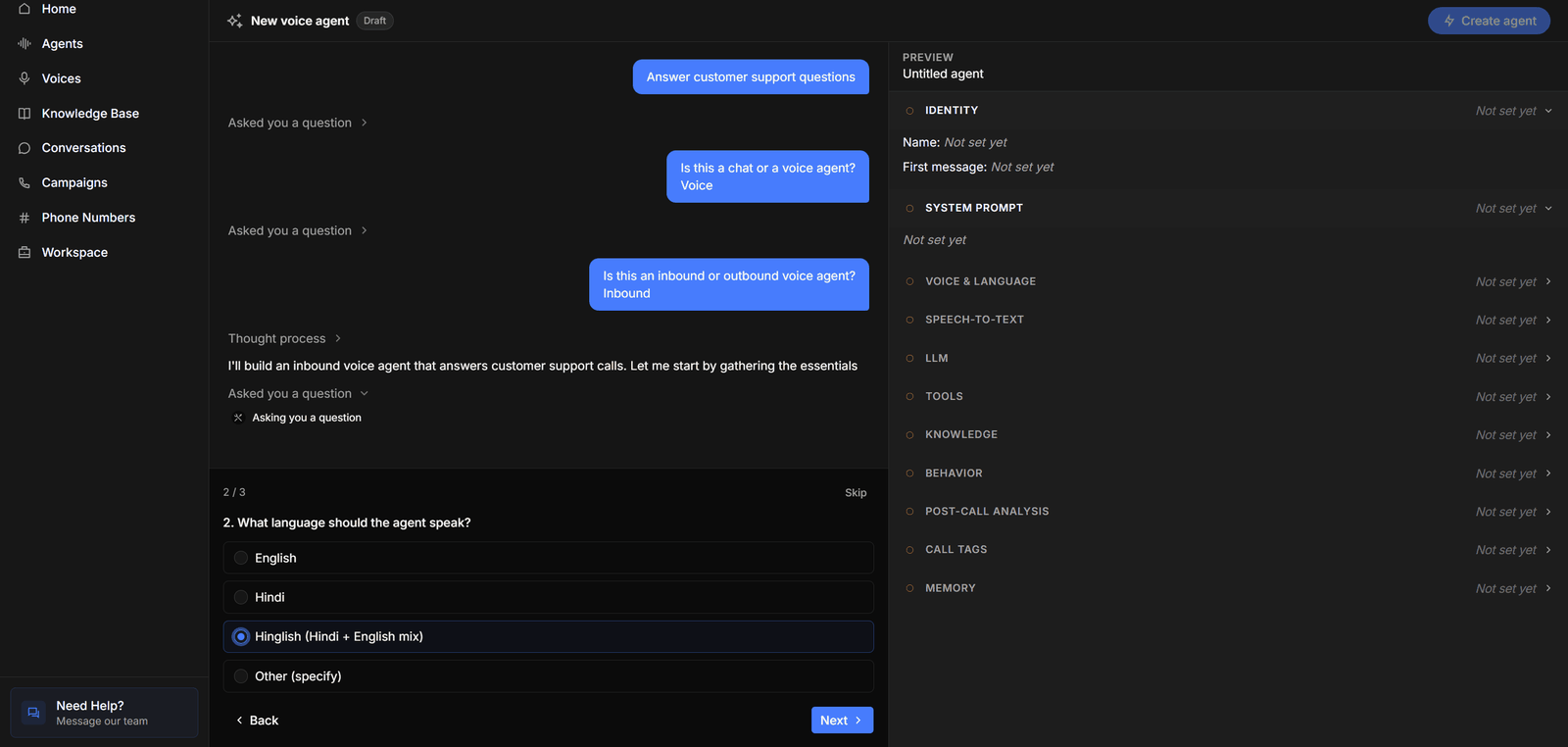 A voice agent build in progress: Conductor asking which language the agent should speak, with the Preview sections still unset