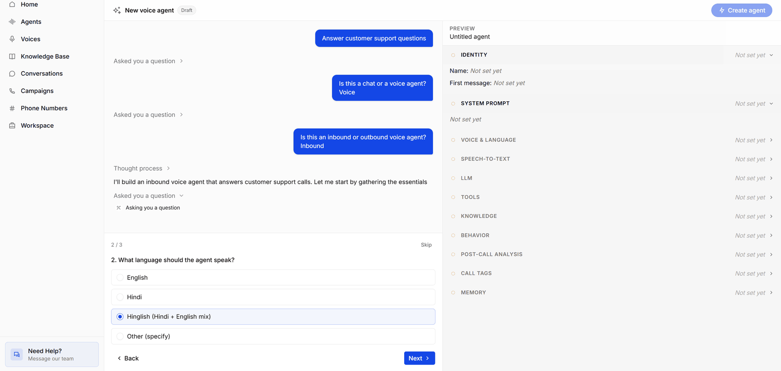A voice agent build in progress: Conductor asking which language the agent should speak, with the Preview sections still unset