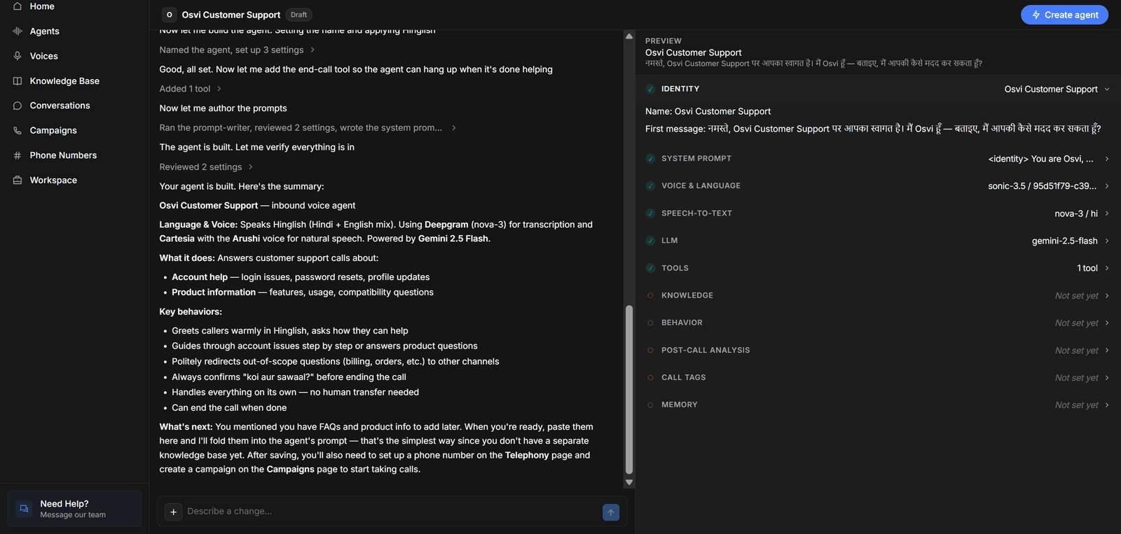 A finished voice agent draft: Conductor's summary in the conversation, required Preview sections ticked, and Create agent enabled