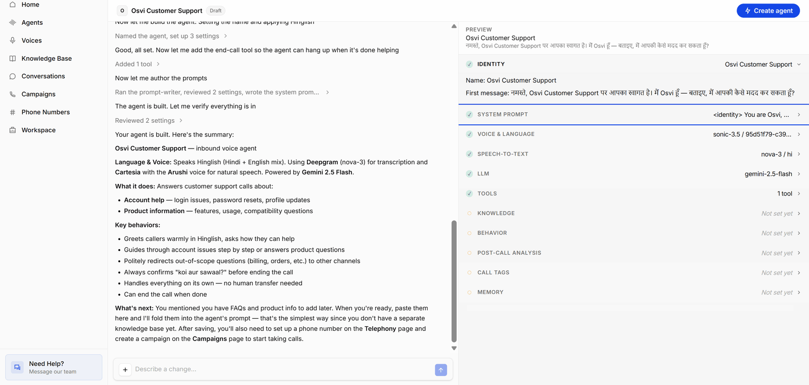 A finished voice agent draft: Conductor's summary in the conversation, required Preview sections ticked, and Create agent enabled