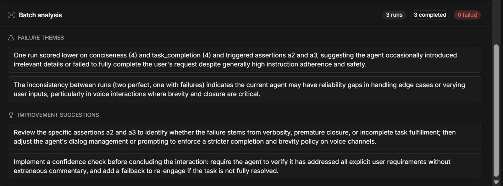 Batch analysis for three completed runs, listing failure themes and improvement suggestions