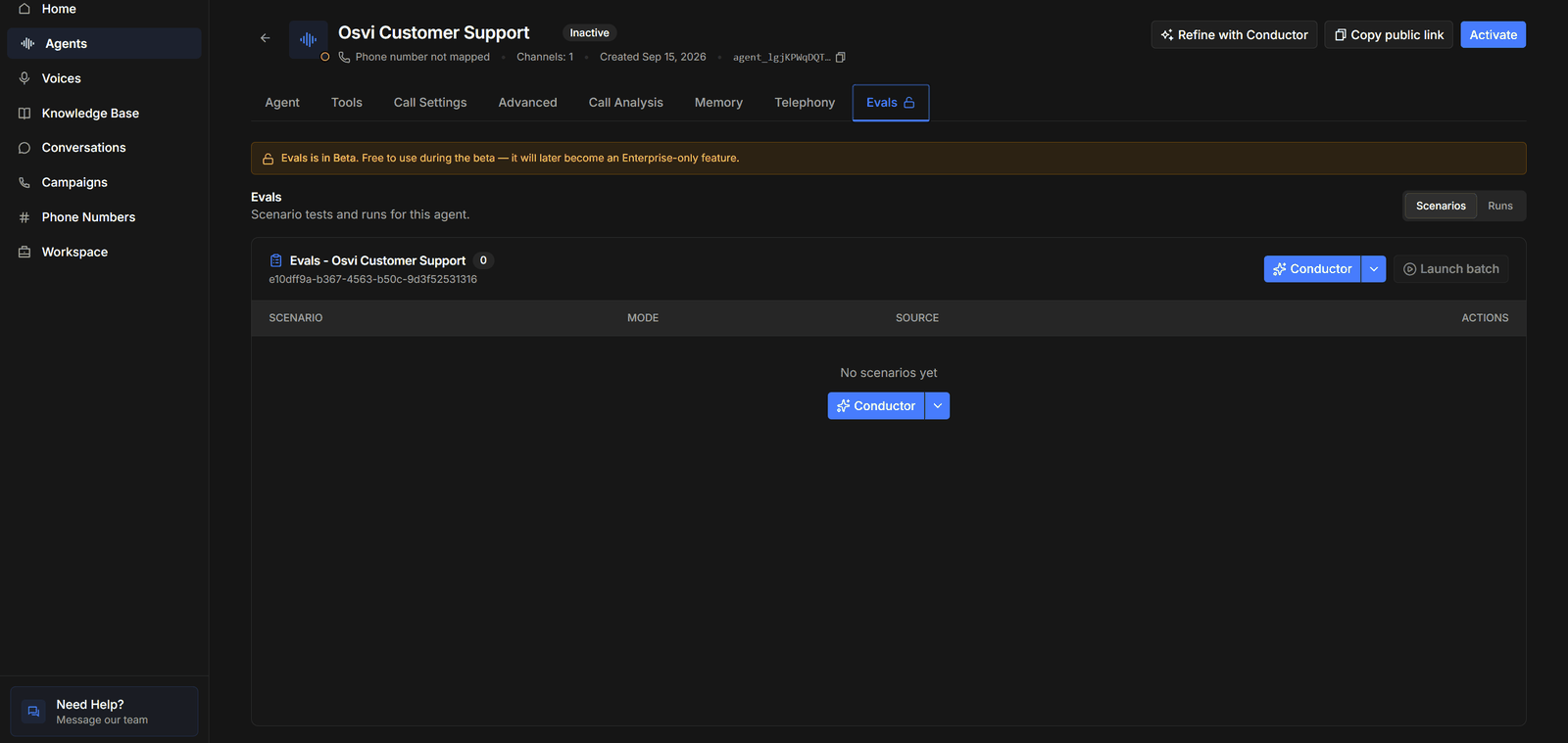 The Evals tab on a voice agent, showing the beta banner, the Scenarios and Runs switch, and an empty scenario list
