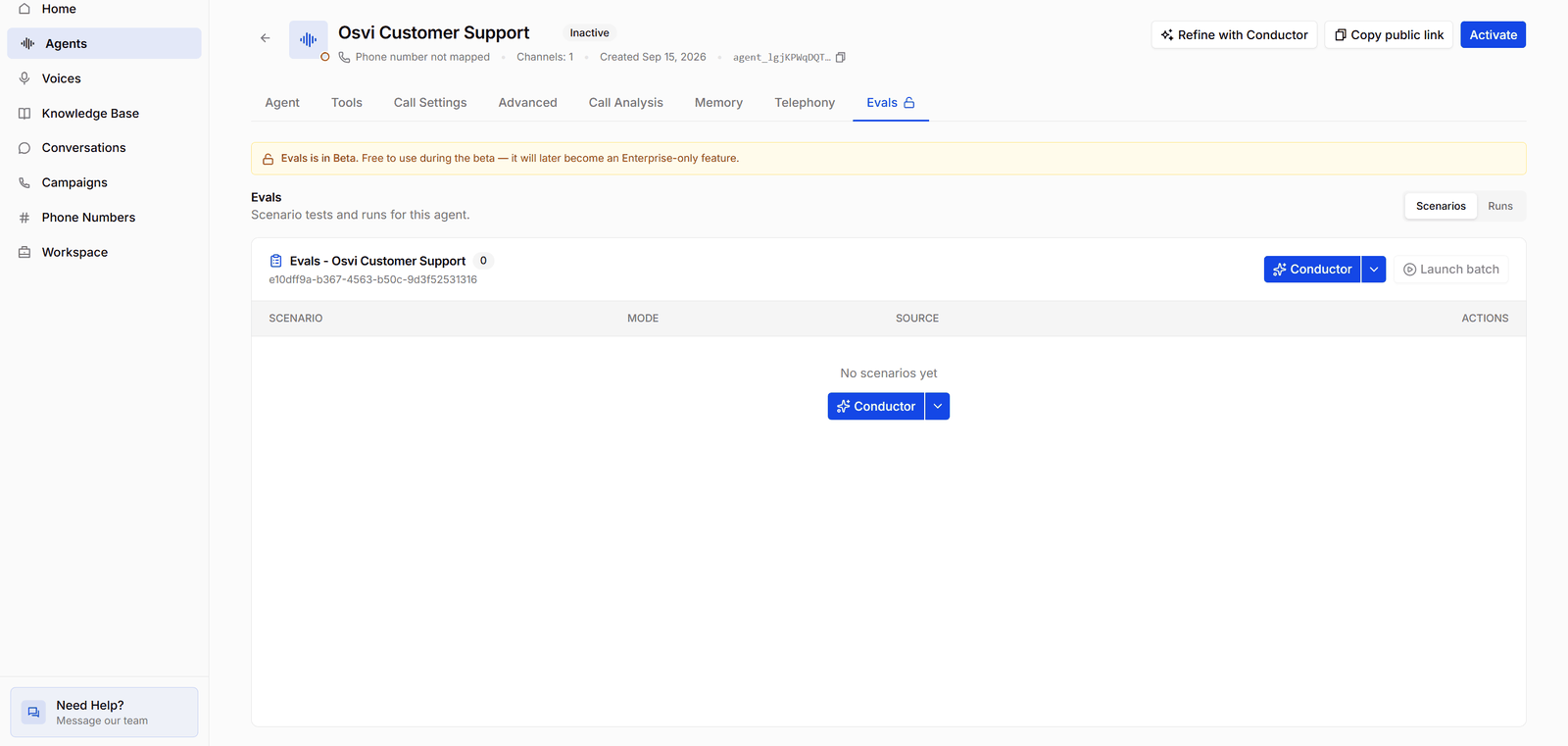 The Evals tab on a voice agent, showing the beta banner, the Scenarios and Runs switch, and an empty scenario list