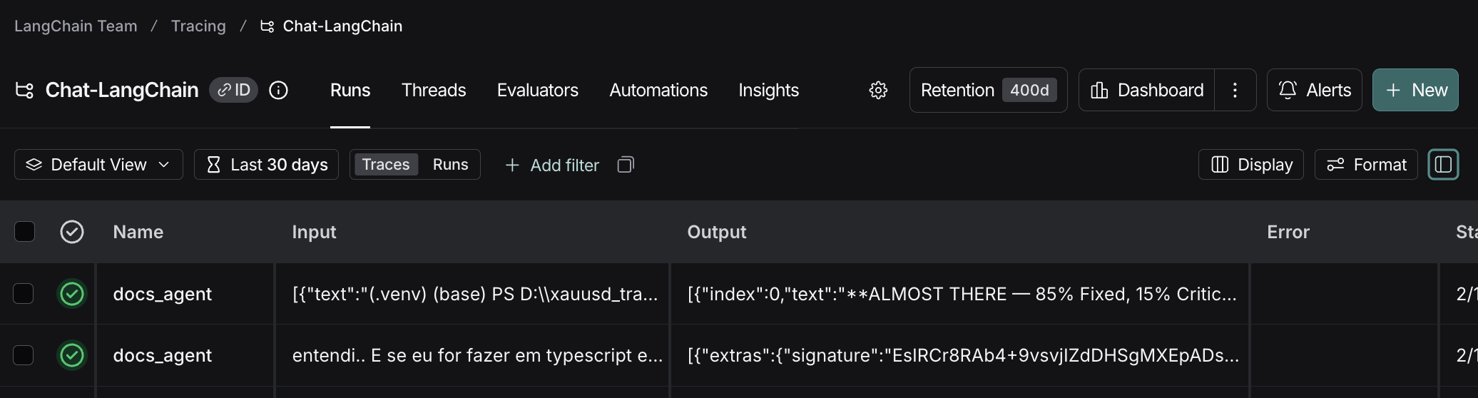 LangSmith filter bar showing view dropdown, time range selector, traces/runs toggle, and add filter button