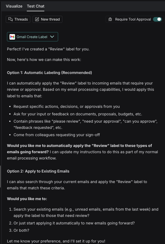 Test chat output view with response including approvals for Gmail tool.