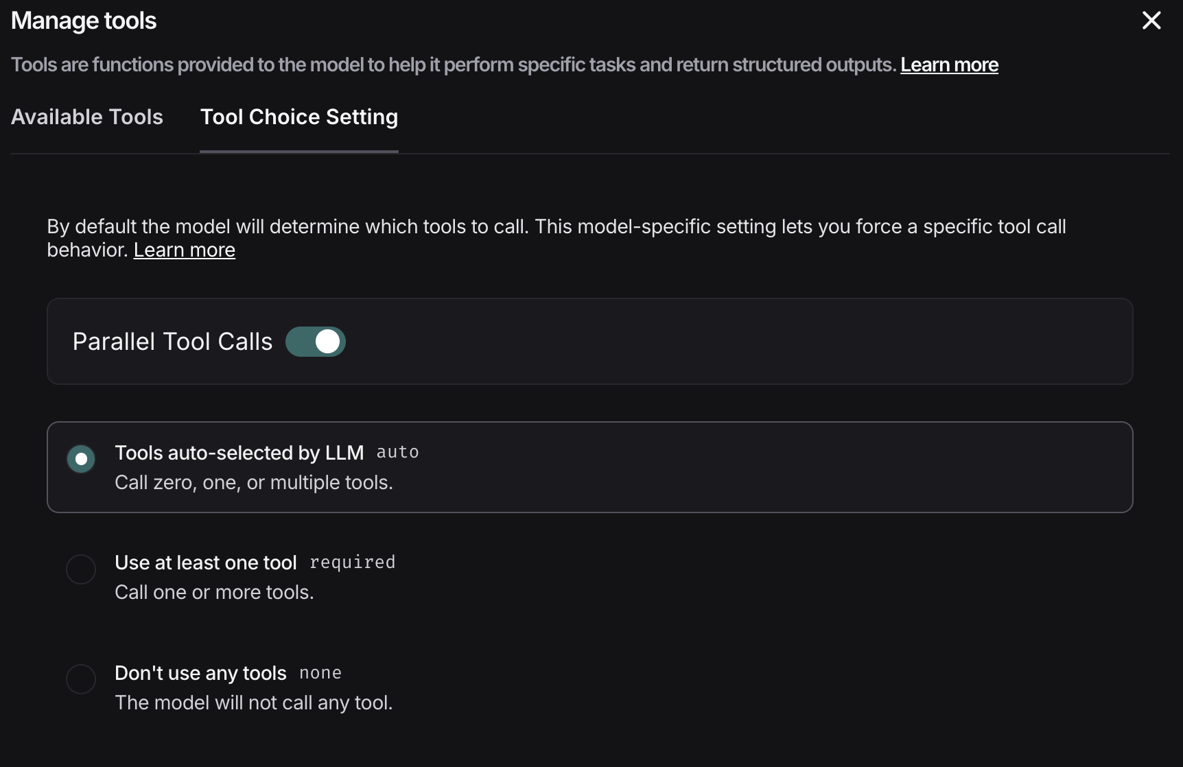 Select tools from the Tool Choice Settings tab.