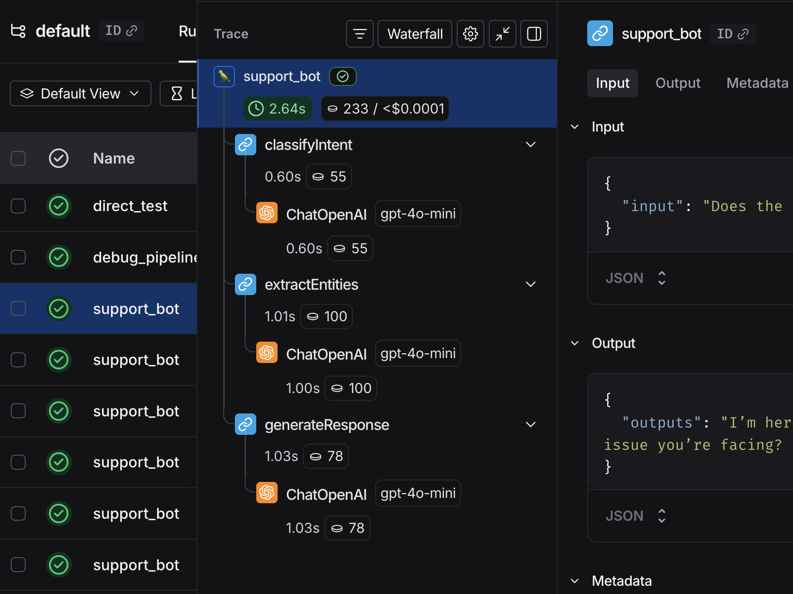 Trace with individual runs in the LangSmith UI.