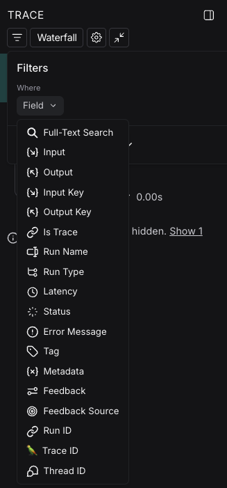 LangSmith trace view showing filter options with 'Filtered Only', 'Show All', and 'Most relevant' view modes