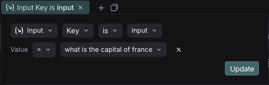 LangSmith filter showing input key-value search for 'input' key with value 'What is the capital of France?'