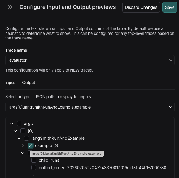 Configure Input and Output previews side panel showing the tree view of trace data structure