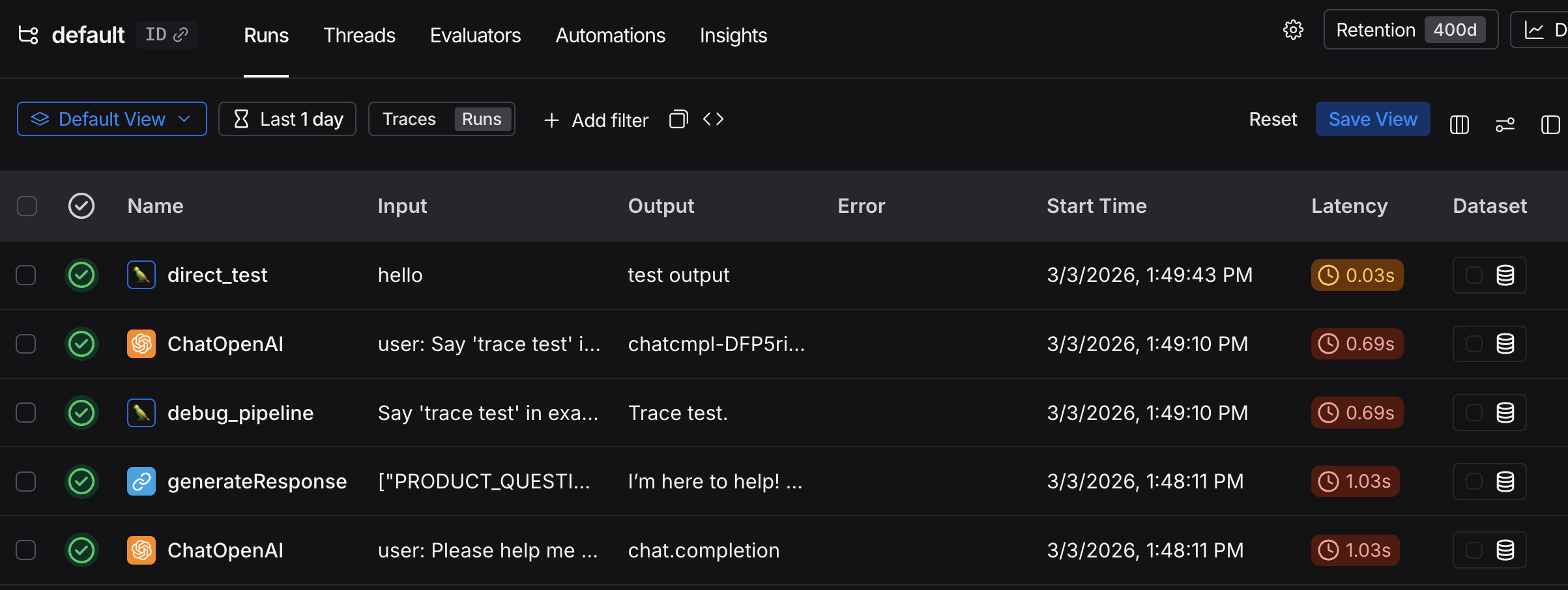 Run details page in the LangSmith UI.