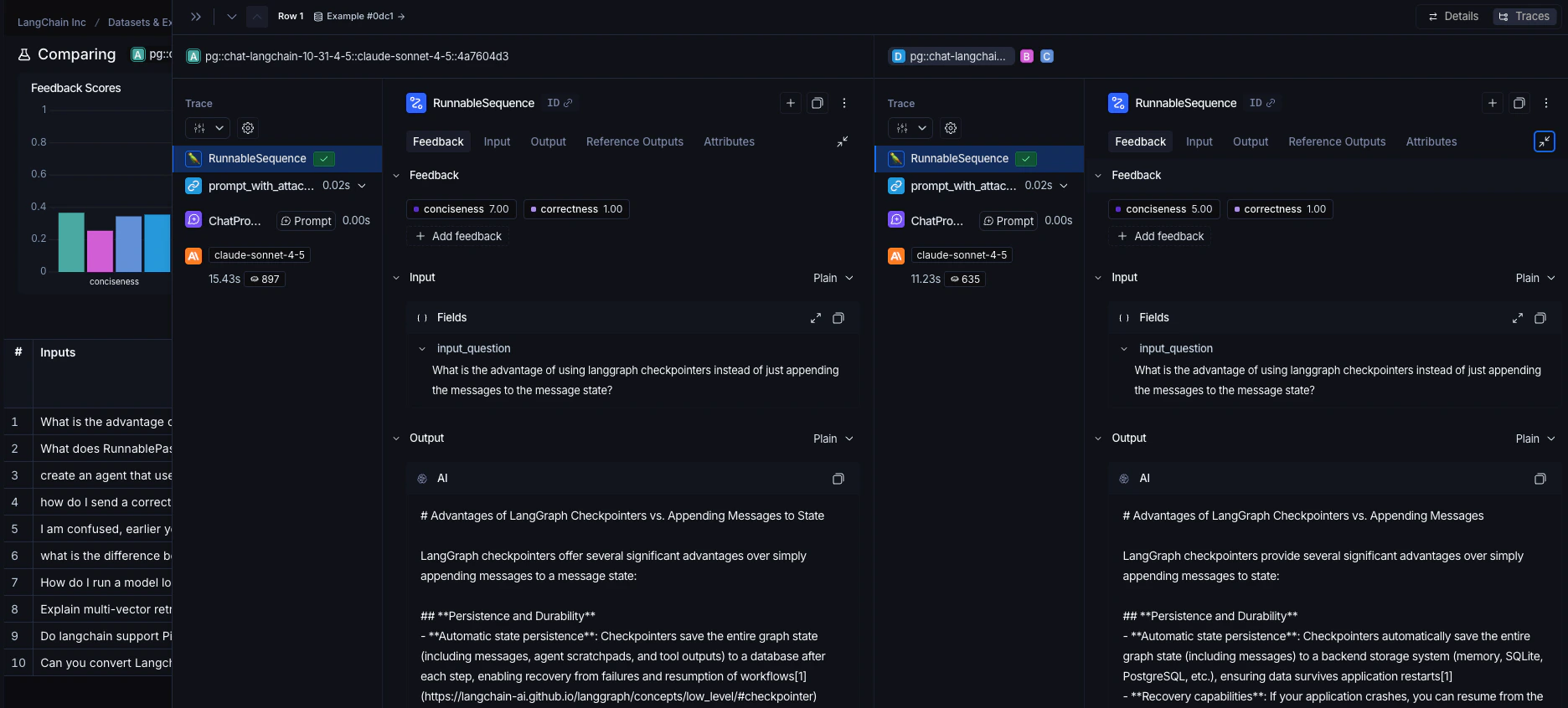An example in the expanded Comparing Experiments view, in dark mode.