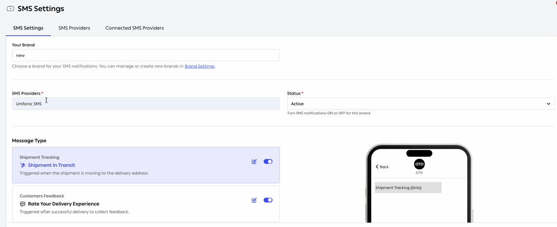 The SMS Settings screen