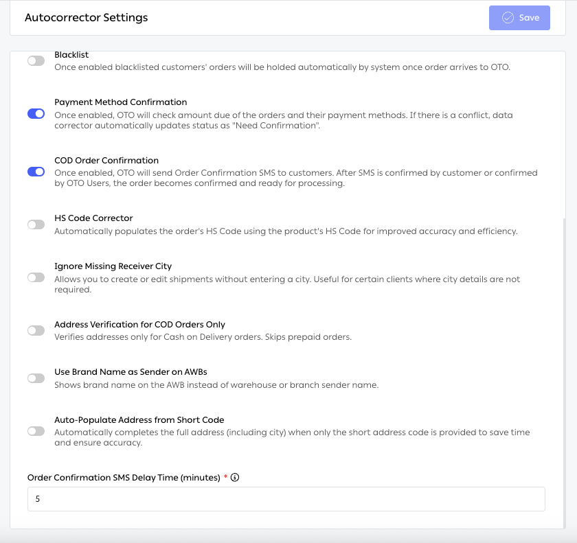 النصف السفلي من Autocorrector Settings