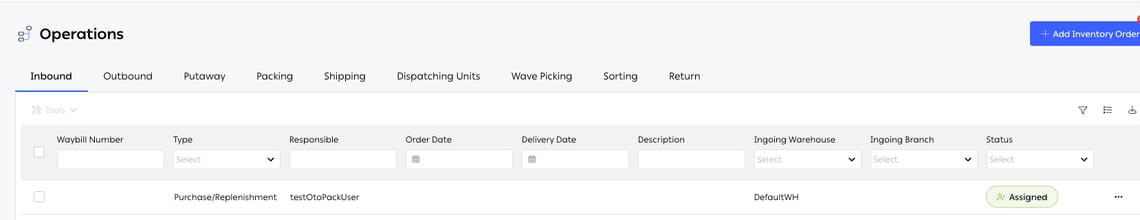 The Operations screen on the Inbound tab