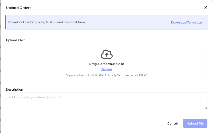 The Upload Orders dialog