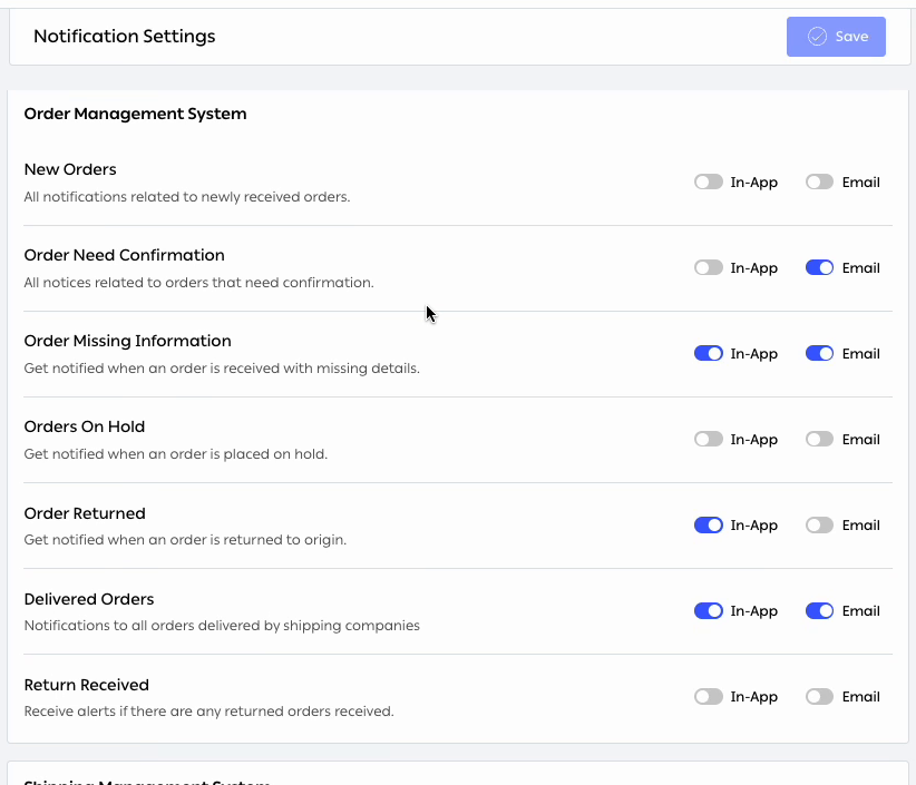 مجموعة Order Management System في إعدادات إشعارات OTO، وفي كل صف مفتاح In-App ومفتاح Email