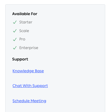 The Available For panel on a module detail page, listing Starter, Scale, Pro and Enterprise