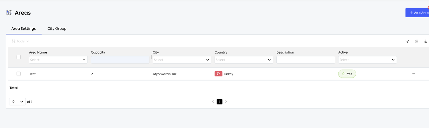 The Areas list under the Area Settings tab
