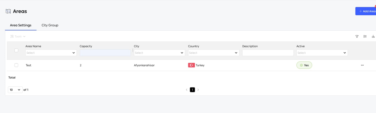 The Areas list under the Area Settings tab