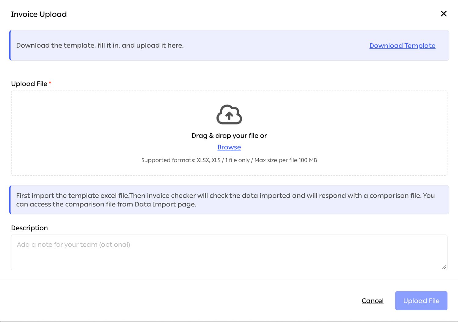 The Invoice Upload dialog
