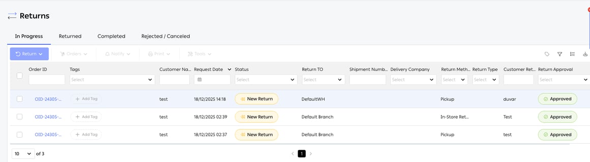 The Returns screen on the In Progress tab